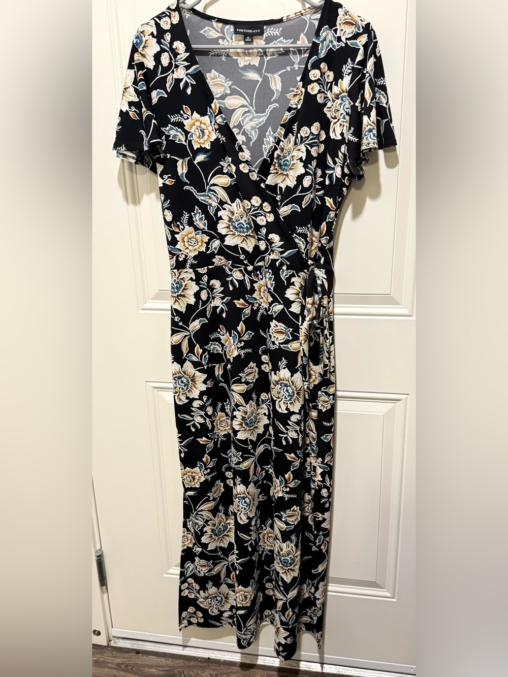 FORTUNE + IVY-Faux Wrap Maxi Dress - Black with Cream & Blue Floral - Picture 2 of 7